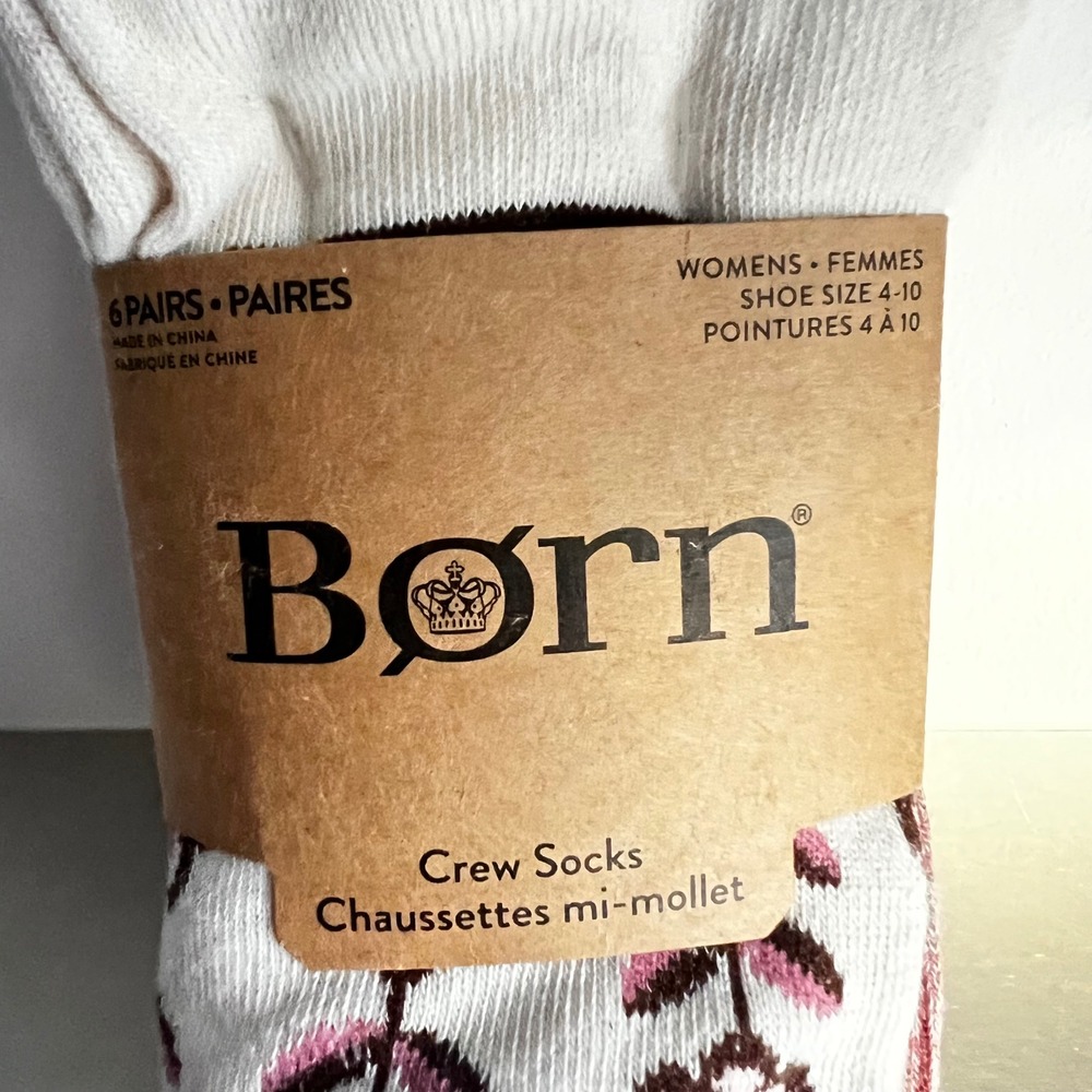 Born Womens Crew Socks 6 Pairs Floral Brown Tan Cream Size 4-10 BO35023WW-OA